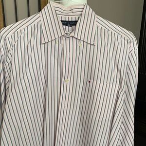 Tommy Hilfiger Blue and White Striped Dress Shirt